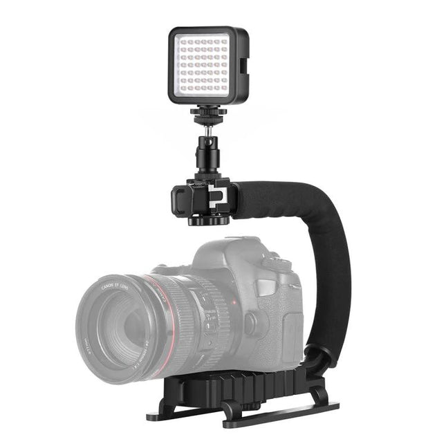 PULUZ C-Shaped Handheld Camera Stabilizer with LED Light Kit mounted with LED light for steady vlogging and photography