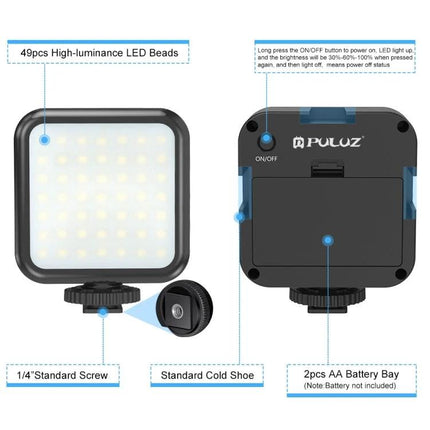 PULUZ C-Shaped Handheld Camera Stabilizer with LED Light Kit showing LED panel, controls, cold shoe and 1/4" screw (front and back view)