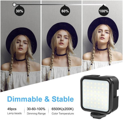 PULUZ C-Shaped Handheld Camera Stabilizer with LED Light Kit showing dimmable LED panel and model at 30% 60% 100% brightness