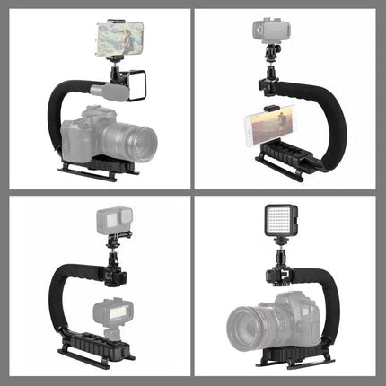 PULUZ C-Shaped Handheld Camera Stabilizer with LED Light Kit shown with camera, smartphone mount and LED light for stable vlogging shots