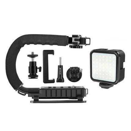 PULUZ C-Shaped Handheld Camera Stabilizer with LED Light Kit showing foam grip C-handle, mounting plate, accessories and LED light