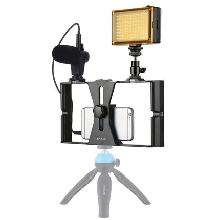 PULUZ Smartphone Vlogging Kit with LED Light and Microphone mounted on rig with LED panel, shotgun mic and tabletop tripod for stable mobile vlogging