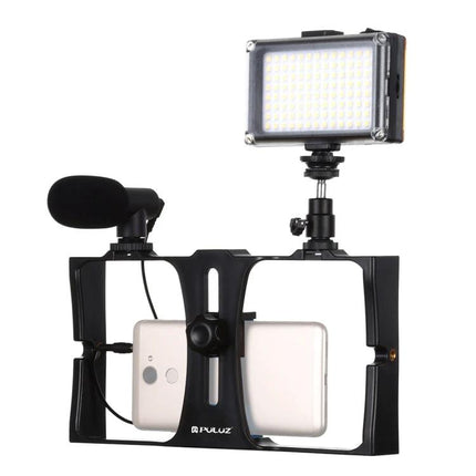 PULUZ Smartphone Vlogging Kit with LED Light and Microphone mounted on phone rig showing LED panel and external microphone for stable vlogging