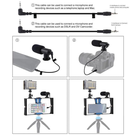 PULUZ Smartphone Vlogging Kit with LED Light and Microphone shown with microphone, LED light, smartphone rig and cables on tripod for vlogging