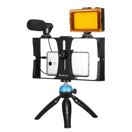 Puluz 4-in-1 LED Selfie Light Kit for Smartphone Vlogging mounted on mini tripod with LED light and microphone for low-light vlogging