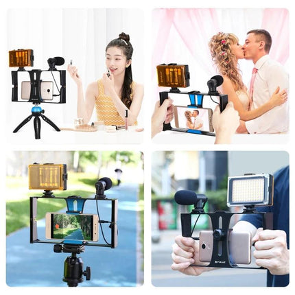 Puluz 4-in-1 LED Selfie Light Kit for Smartphone Vlogging mounted with LED light, microphone, mini tripod and rig for vlogging and selfies