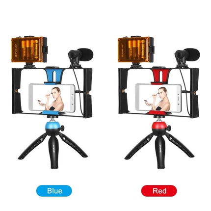 Puluz 4-in-1 LED Selfie Light Kit for Smartphone Vlogging mounted on mini tripod with LED light and microphone (blue and red)