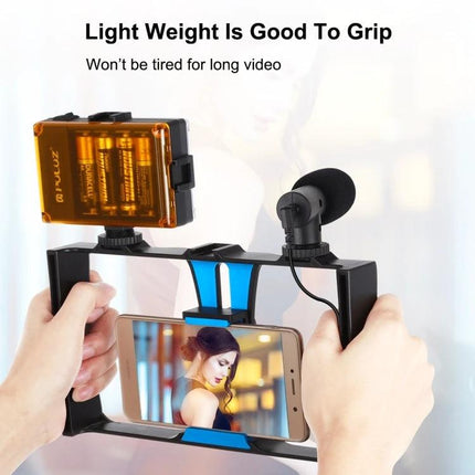 Puluz 4-in-1 LED Selfie Light Kit for Smartphone Vlogging handheld rig with LED light and mic mounted on phone for low-light vlogging