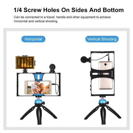Puluz 4-in-1 LED Selfie Light Kit for Smartphone Vlogging shown on mini tripod in horizontal and vertical setups with LED light and mic