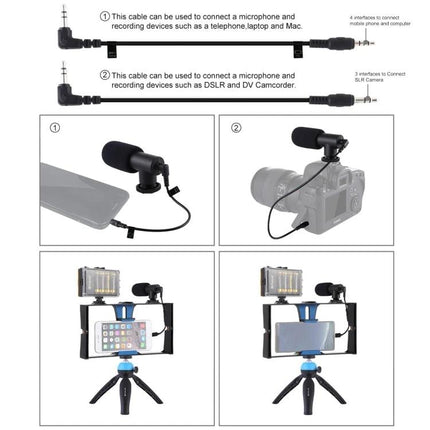 Puluz 4-in-1 LED Selfie Light Kit for Smartphone Vlogging showing microphone, LED light, mini tripod and rig connected to phone and camera