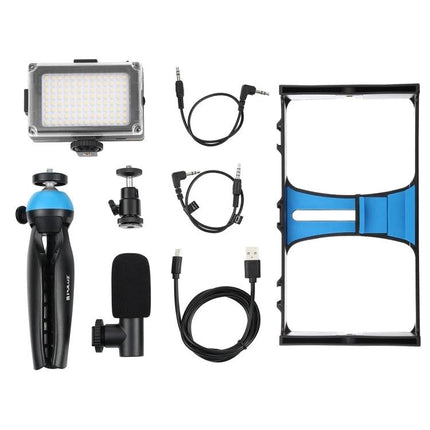 Puluz 4-in-1 LED Selfie Light Kit for Smartphone Vlogging compact set with LED light, mic, tripod, cables and phone mount for vlogging