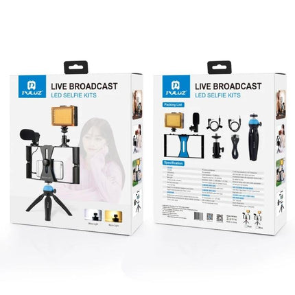 Puluz 4-in-1 LED Selfie Light Kit for Smartphone Vlogging showing LED light, microphone, vlogging rig and mini tripod on product packaging