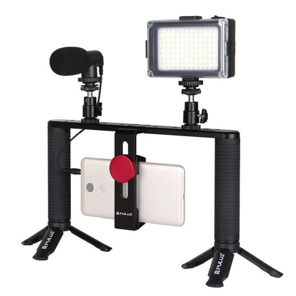 PULUZ Aluminum Video Rig for Smartphone Vlogging and Live Streaming with microphone and LED light mounted