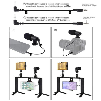 PULUZ Aluminum Video Rig for Smartphone Vlogging and Live Streaming showing microphone, light, mounts and phone attached for stable vlogging setups