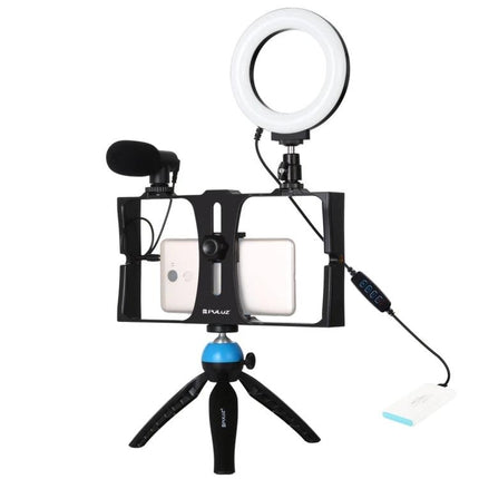 PULUZ 4-in-1 Vlogging Kit with Ring Light for Smartphones on mini tripod with microphone and phone rig for stable well-lit vlogs