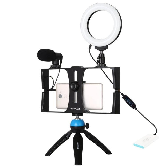 PULUZ 4-in-1 Vlogging Kit with Ring Light for Smartphones on mini tripod with microphone and phone rig for stable well-lit vlogs