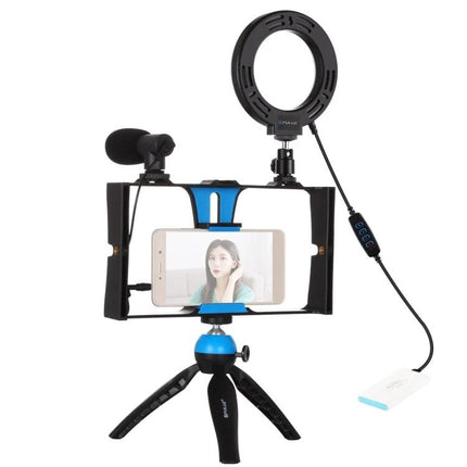 PULUZ 4-in-1 Vlogging Kit with Ring Light for Smartphones shown assembled with ring light, microphone, mini tripod and smartphone holder