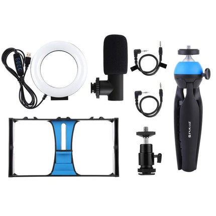 PULUZ 4-in-1 Vlogging Kit with Ring Light for Smartphones showing ring light, microphone, vlogging rig, mini tripod and cables