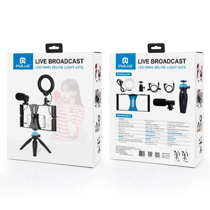 PULUZ 4-in-1 Vlogging Kit with Ring Light for Smartphones shown in retail packaging with tripod microphone and phone holder