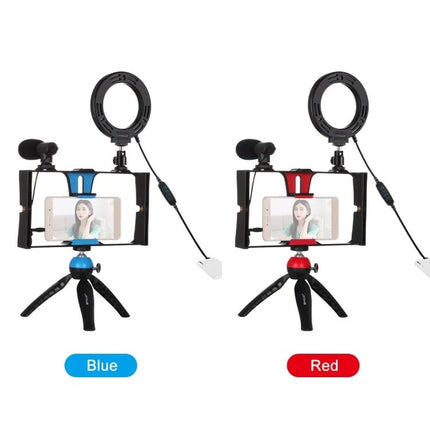 PULUZ 4-in-1 Vlogging Kit with Ring Light for Smartphones showing blue and red setups with tripod, microphone, ring light, and phone holder