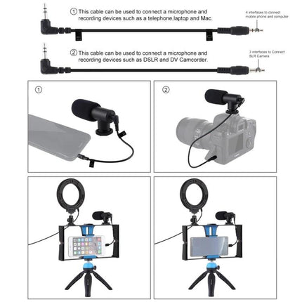 PULUZ 4-in-1 Vlogging Kit with Ring Light for Smartphones shown with microphone, cable, mini tripod and smartphone rig in use