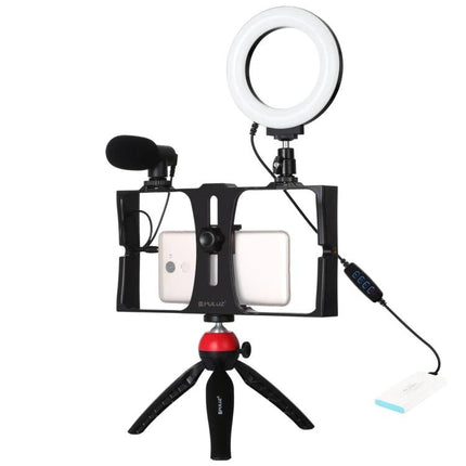 PULUZ 4-in-1 Vlogging Kit with Ring Light for Smartphones on tripod with mic, ring light and phone holder for stable, well-lit vlogging