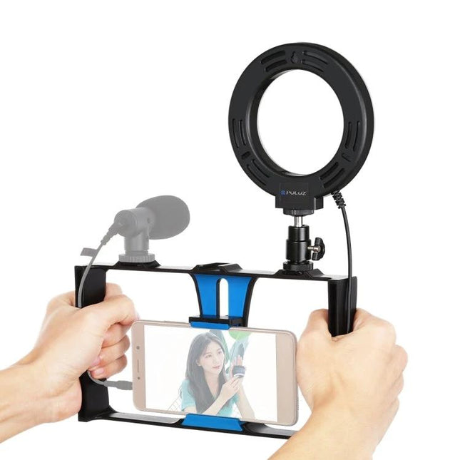 PULUZ 2-in-1 Smartphone Vlogging Kit with Adjustable Ring Light handheld rig with ring light and microphone for stable mobile video