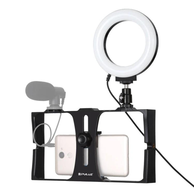 PULUZ 2-in-1 Smartphone Vlogging Kit with Adjustable Ring Light showing rig, mounted ring light and external mic for stable, well-lit mobile video