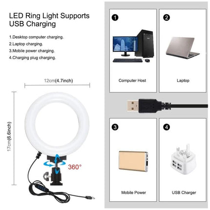 PULUZ 2-in-1 Smartphone Vlogging Kit with Adjustable Ring Light showing USB-charged 12cm ring light, 360° mount, and charging options (PC, laptop, power bank, USB charger)