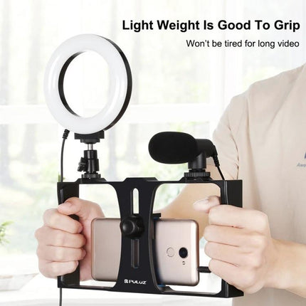 PULUZ 3-in-1 Vlogging Rig for Smartphone Video Recording with ring light and microphone handheld rig for steady vlogs