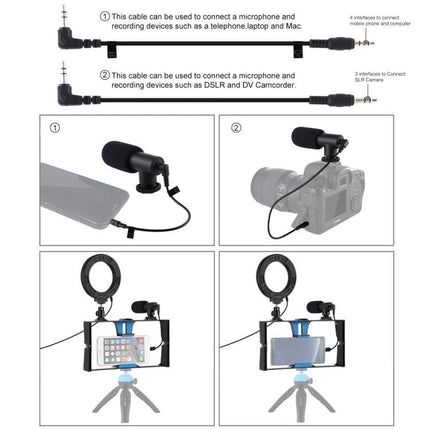 PULUZ 3-in-1 Vlogging Rig for Smartphone Video Recording showing microphone, ring light, and adjustable rig mounted with smartphone and camera