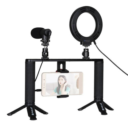 PULUZ Video Rig for Smartphone Vlogging and Stabilization with dual handles, microphone and ring LED light for steady vlogging shots