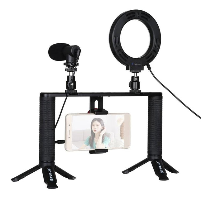 PULUZ Video Rig for Smartphone Vlogging and Stabilization with dual handles, microphone and ring LED light for steady vlogging shots