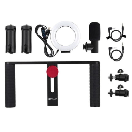 PULUZ Video Rig for Smartphone Vlogging and Stabilization with dual handles, ring LED, microphone and tripod mounts