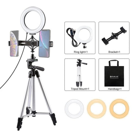 PULUZ Kit for Home Vlogging and Daily Video Sessions portable tripod with dual phone bracket and ring light for steady video and better lighting