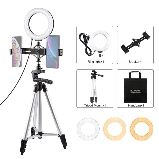 PULUZ Kit for Home Vlogging and Daily Video Sessions portable tripod with dual phone bracket and ring light for steady video and better lighting