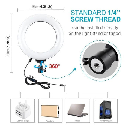 PULUZ Kit for Home Vlogging and Daily Video Sessions ring light with dual phone bracket and tripod showing 1/4" screw thread and USB power options