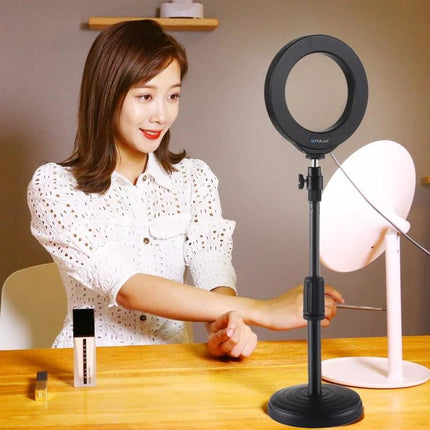 PULUZ Ring Light for Daily Vlogging and Selfies at Home on table with woman recording makeup tutorial