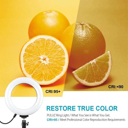 PULUZ LED Ring Light for Daily Vlogging and Home Photos - compact ring light showing high CRI color accuracy on fruit and white illumination