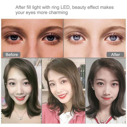 PULUZ LED Ring Light for Daily Vlogging and Home Photos - before and after selfies showing brighter, even soft lighting for clearer eyes and skin