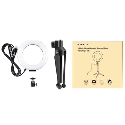 PULUZ LED Ring Light for Daily Vlogging and Home Photos shown with USB cable, dimmer control, mini tripod and mounting adapter