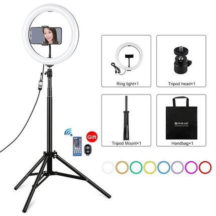 PULUZ LED Ring Light for Home Video Calls and Vlogging on tripod with phone holder, remote and carrying bag for vlogging and video calls