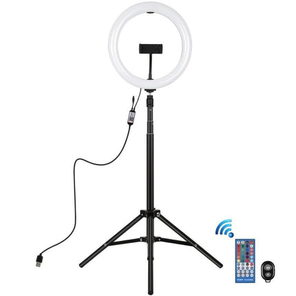 PULUZ LED Ring Light for Home Video Calls and Vlogging on adjustable tripod with phone holder, USB power, remote and dimmable even lighting