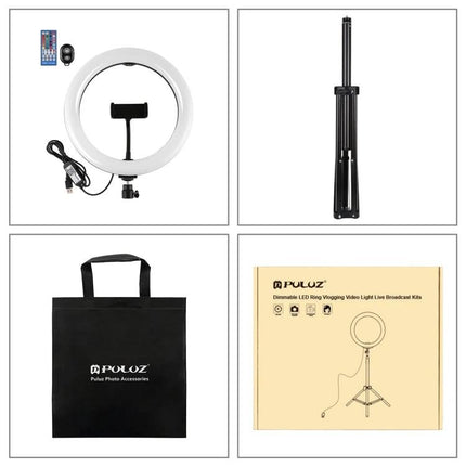 PULUZ LED Ring Light for Home Video Calls and Vlogging with tripod, remote, carry bag and box, kit accessories