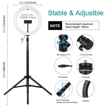 PULUZ LED Ring Light for Home Video Calls and Vlogging on adjustable tripod with 26cm ring, phone holder, 165cm max height, stable & adjustable lighting