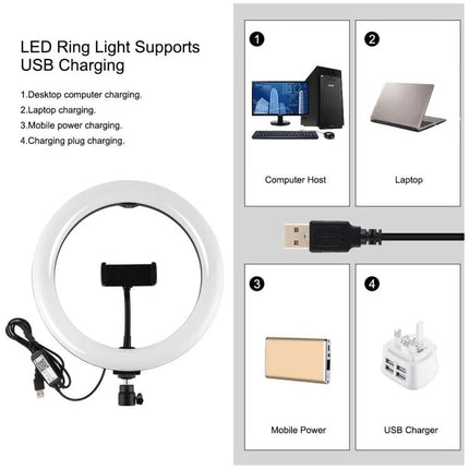 PULUZ LED Ring Light for Home Video Calls and Vlogging showing USB charging with computer, laptop, power bank and USB charger