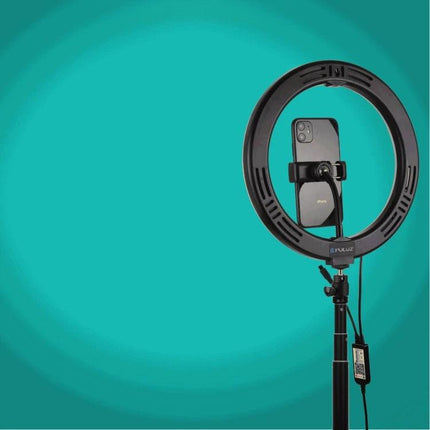 PULUZ LED Ring Light for Home Video Calls and Vlogging on tripod with smartphone holder providing even soft illumination for vlogs and video calls