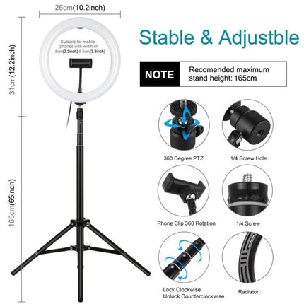 PULUZ Ring Light for Daily Vlogging and Home Video Calls on adjustable tripod showing dimensions and features