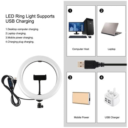 PULUZ Ring Light for Daily Vlogging and Home Video Calls showing USB charging options with desktop, laptop, mobile power bank and USB charger