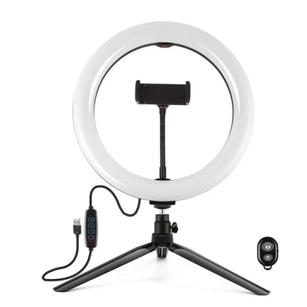 PULUZ LED Ring Light with Tripod for Daily Vlogging Sessions mounted on tabletop tripod with phone holder, USB controls and remote